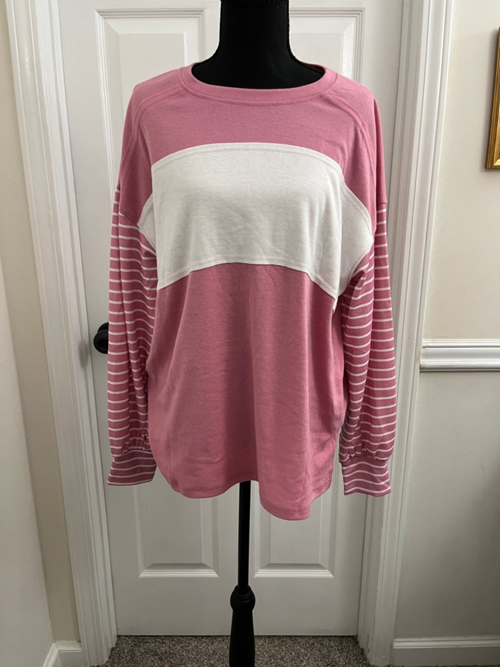 Women's Pink and White Long Sleeve Colorblock Tee